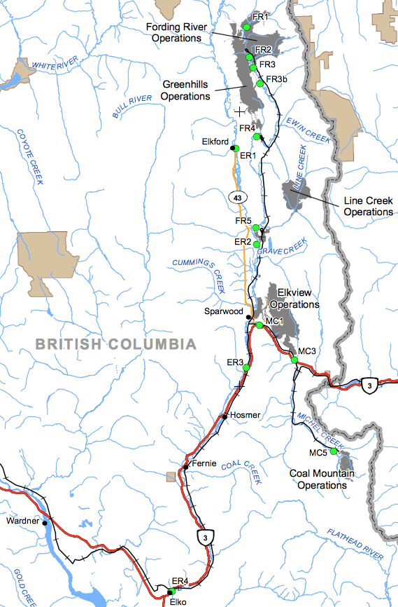 Map of Teck mines in the Elk Valley