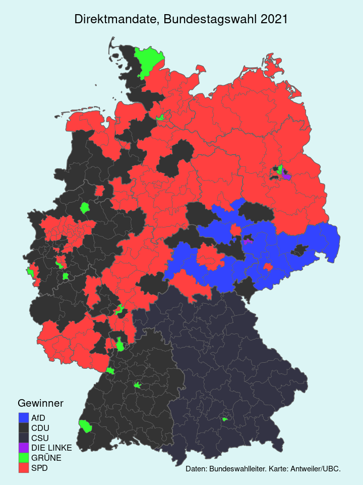 German Federal Election 2021, Map of results for directly-elected members of parliament
