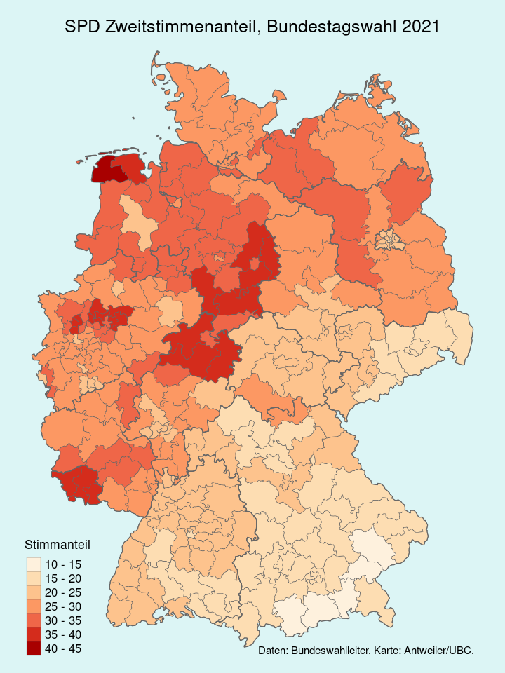 German Federal Election 2021, Map of vote shares for: Social Democratic Party (SPD)