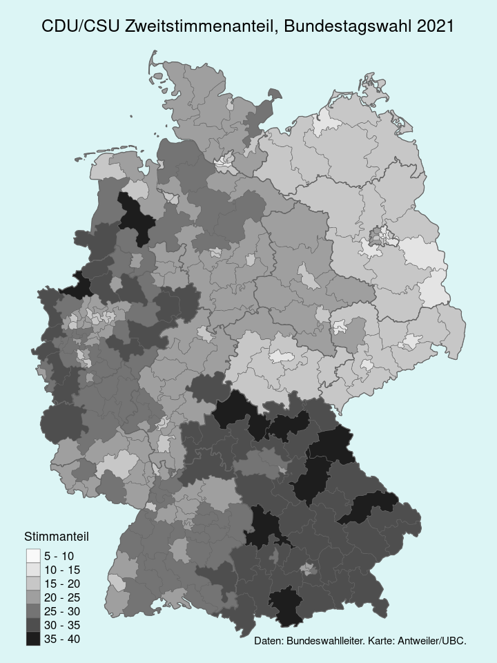 German Federal Election 2021, Map of vote shares for: Christian Democrats (CDU/CSU)