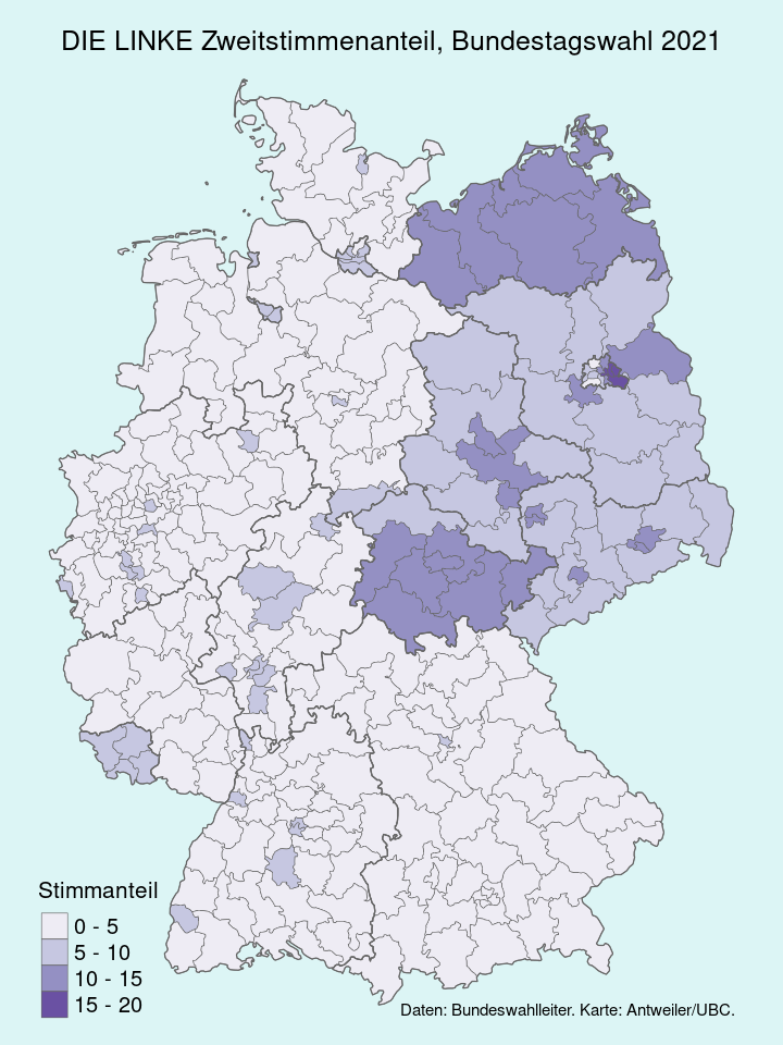 German Federal Election 2021, Map of vote shares for: Left Party (Die Linke)