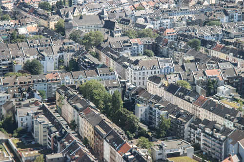 A neighbourhood in Düsseldorf, Germany, as seen from the nearby Rhinetower