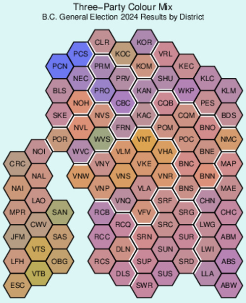 BC Election 2024 Cartogram: Three-Party Colour Mix