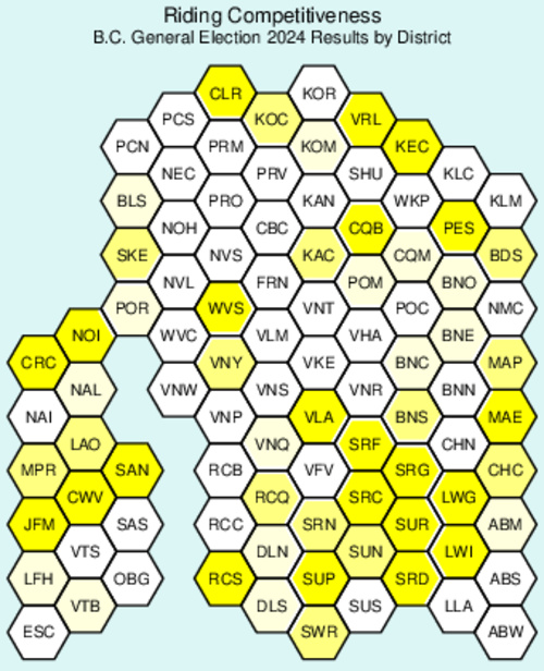 BC Election 2024 Cartogram: Riding Competitiveness