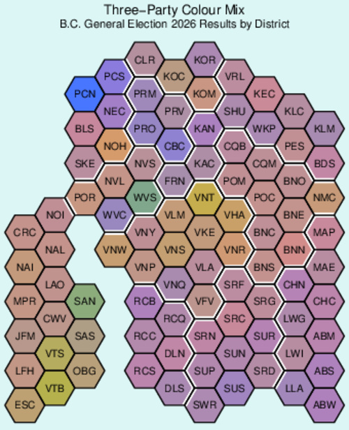 BC Election 2024 Cartogram: Three-Party Colour Mix
